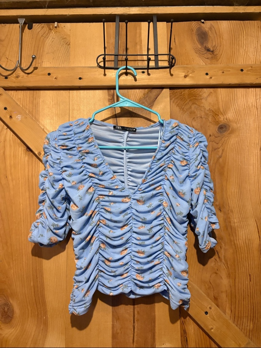 Zara Sky Blue Ruched Floral V-Neck Blouse